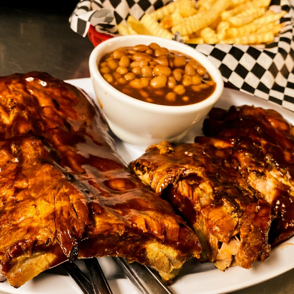 Two racks of BBQ ribs with baked beans and crinkle-cut fries on a metal surface.
