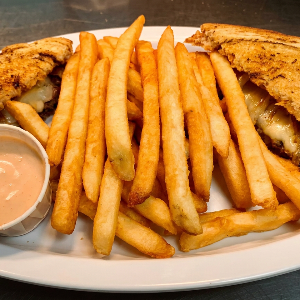Grilled sandwich with melted cheese and onions, served with a side of fries and dipping sauce.