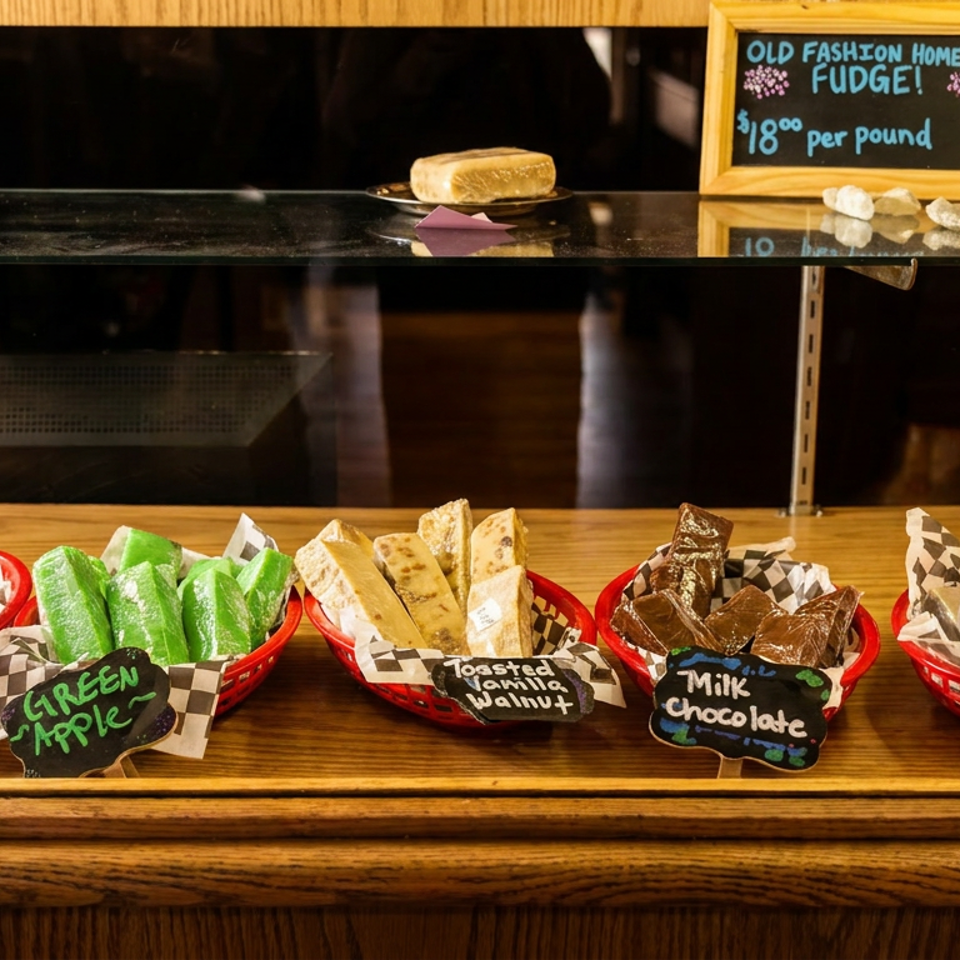 A display of various fudge flavors, including root beer, green apple, toasted vanilla walnut, milk chocolate, and huckleberry.