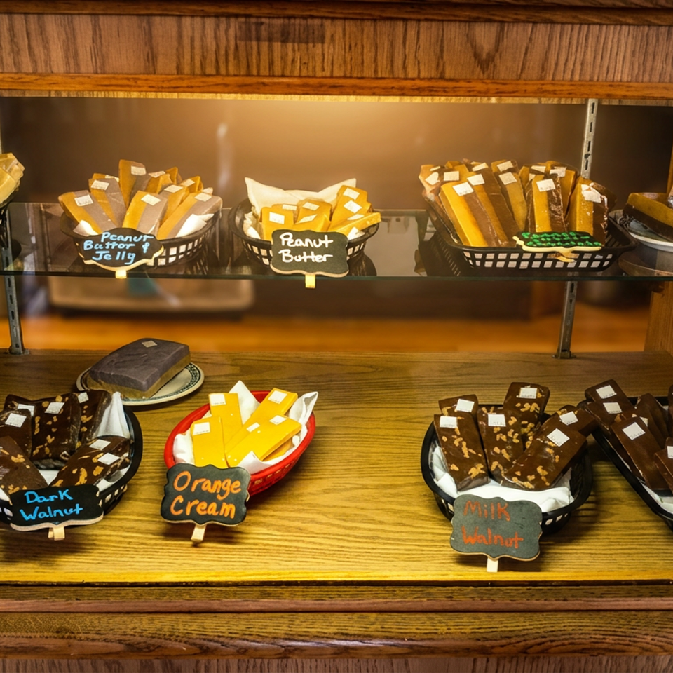 A display case filled with various flavors of fudge, including Huckleberry Cheesecake, Peanut Butter, and Dark Chocolate.