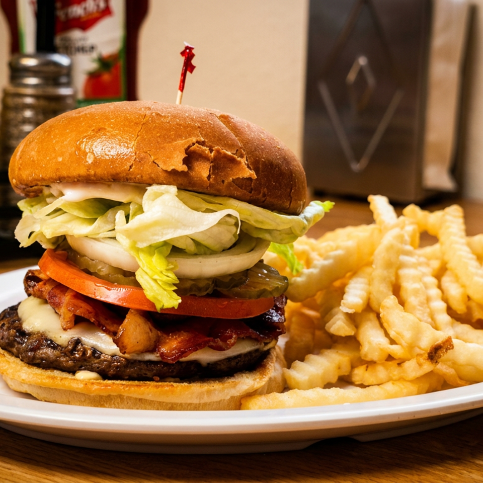 A juicy bacon cheeseburger with lettuce, tomato, onion, and pickles, served with crinkle-cut fries.