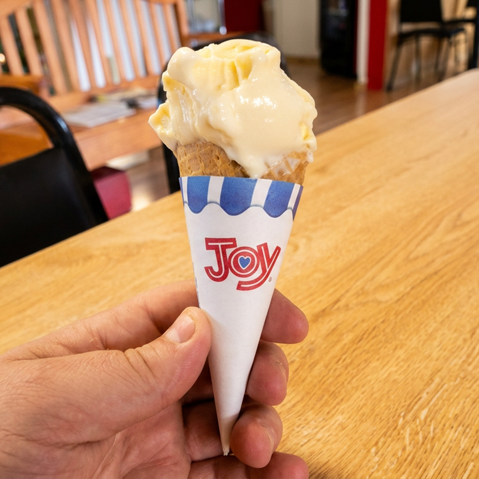 Hand holding a vanilla ice cream cone with a "Joy" wrapper, on a wooden table.