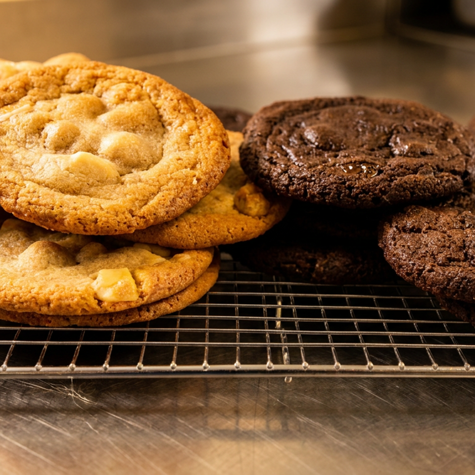 Golden white chocolate chip cookies and dark chocolate cookies on a cooling rack.