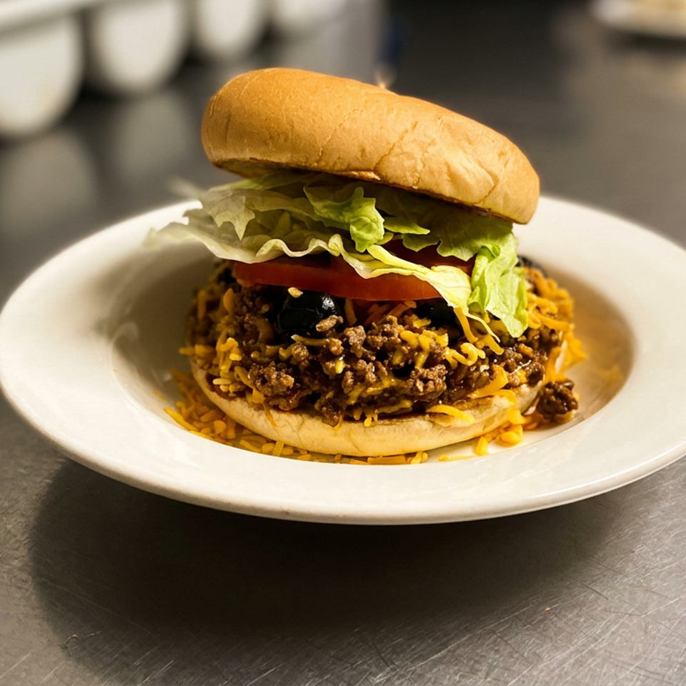 A taco burger with ground beef, cheese, olives, tomato, and lettuce on a white plate.