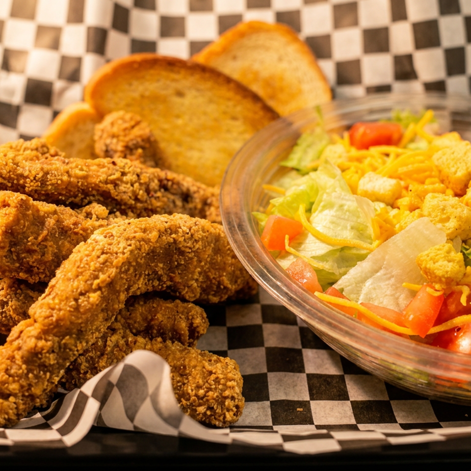 Crispy fried chicken tenders, toasted bread, and a fresh garden salad with cheese and croutons.