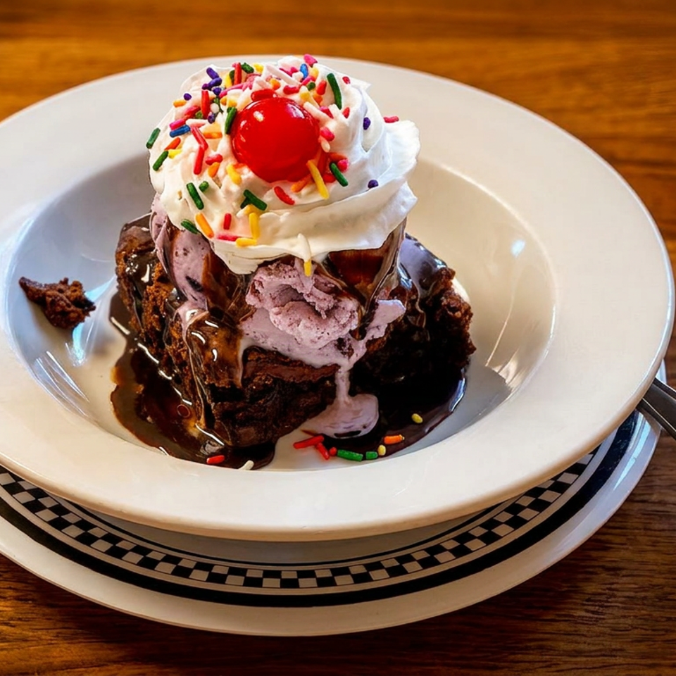 Chocolate brownie with purple ice cream, whipped cream, sprinkles, and a cherry on a white plate.