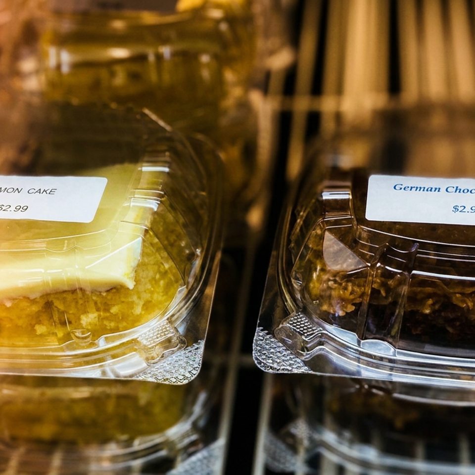Lemon cake and German chocolate cake slices in plastic containers with price tags.