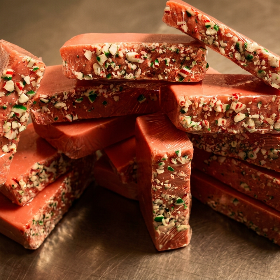 A stack of red peppermint bark bars, individually wrapped, on a metallic surface.