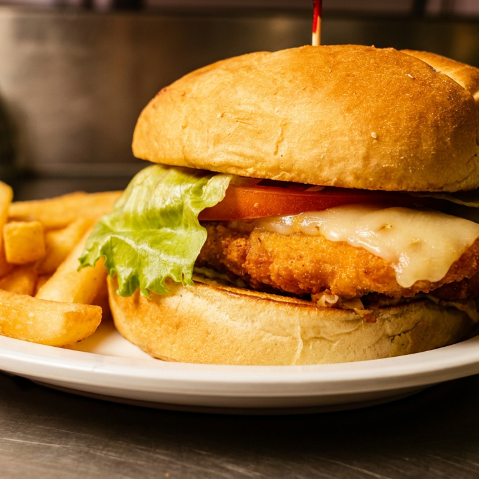 A crispy chicken sandwich with melted cheese, lettuce, and tomato, served with fries on a white plate.
